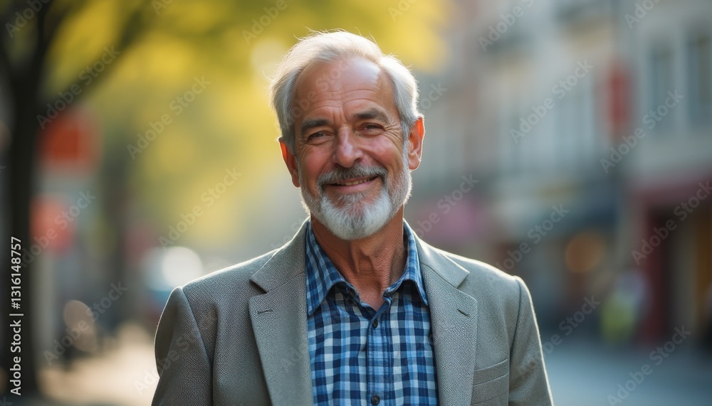 Distinguished older man smiling in a bustling city street under soft autumn light, capturing a moment of joy and confidence Distinguished older man smiling in a bustling city street under soft autumn light, capturing a moment of joy and confidence