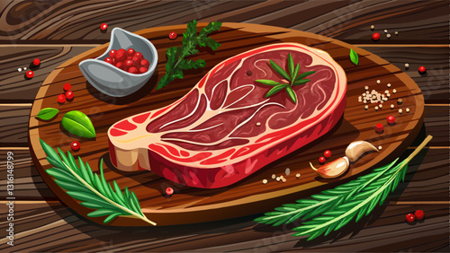 Raw meat Ribeye Steak with seasoning on dark wooden background