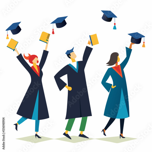 row of graduates tossing caps into the air 