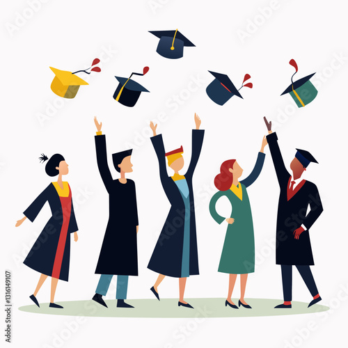 row of graduates tossing caps into the air 