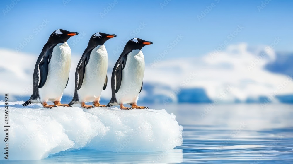 Fototapeta premium Gentle Penguins on Broken Ice Sheets in a Serene Antarctic Landscape