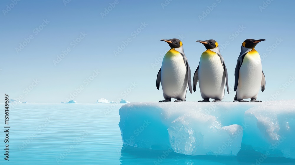 Obraz premium Three Penguins Standing on Broken Ice Sheets in a Serene Arctic Landscape