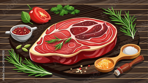 Raw meat Ribeye Steak with seasoning on dark wooden background