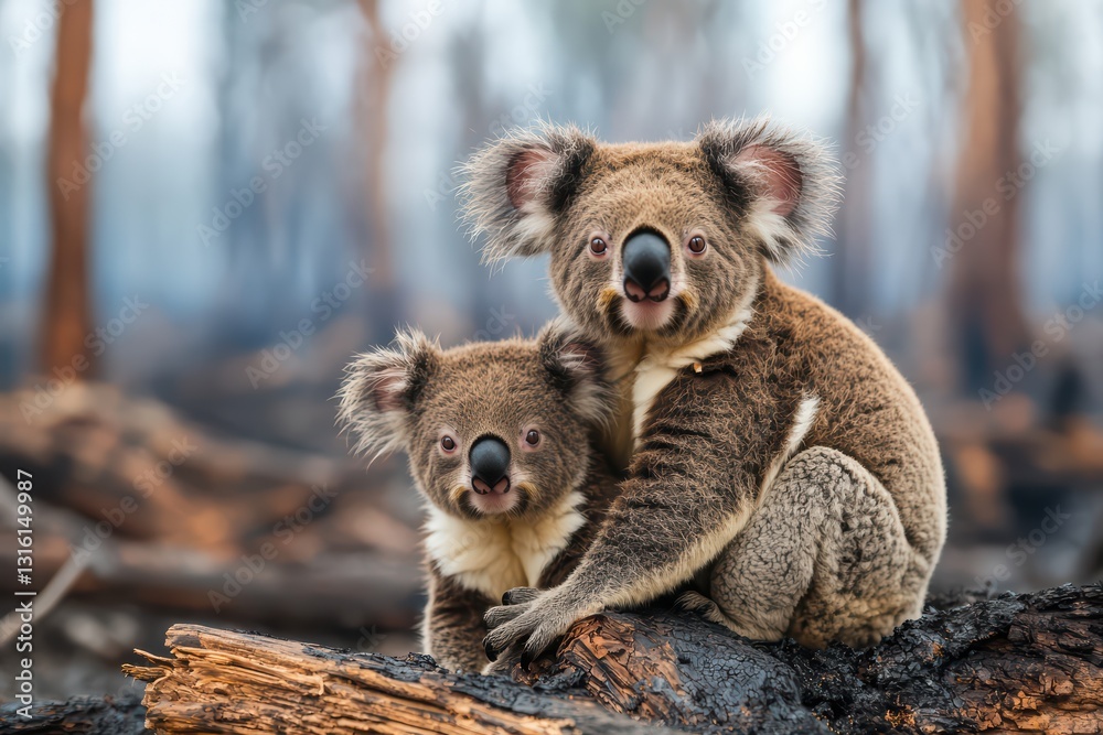 Fototapeta premium Heartbreaking image of starving koalas in a burned eucalyptus forest after devastating wildfires
