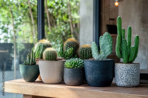 A cactus arrangement in different pots of varying sizes, placed on a wooden side table in a contemporary home. photo