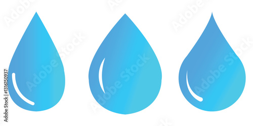 Blue gradient water drop icon vector set, blue gradient water drop, tear drop, rain drop icons vector set isolated on white background.