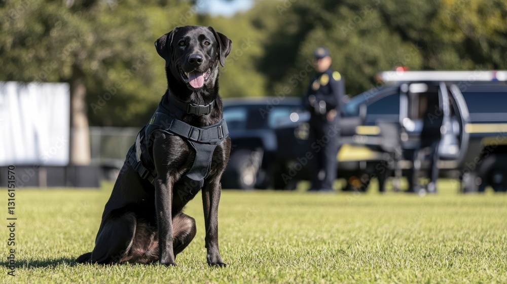 A focused police dog sits attentively in a grassy field, prepared for search and rescue training, against a backdrop of official vehicles. A focused police dog sits attentively in a grassy field, prepared for search and rescue training, against a backdrop of official vehicles.