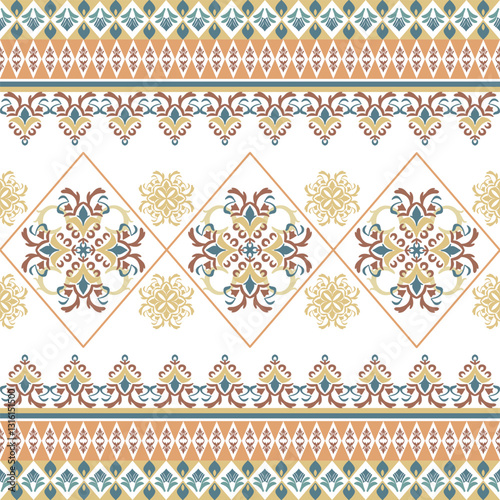 Orange and gold geometric damask seamless pattern with ethnic ornaments. Vector illustration. Idea for wallpaper, rugs, carpets, curtains, fabric edge. Geometric native American. Tribal ornament. Afri