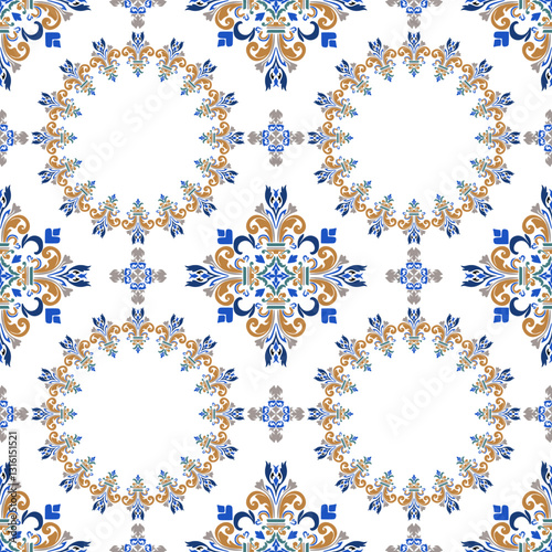 Blue, gold, and white damask circle seamless Barogue pattern illustration. Victorian style. Portuguese or Spanish tiles, Azulejo pattern. Mediteranian wallpaper.