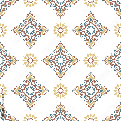 Gold floral oriental vector damask pattern. Talavera pottery. Azulejos portugal. Turkish or Spanish tiles, folk print. Ethnic background. Mediterranean wallpaper. Talavera pottery. Vecture illustratio