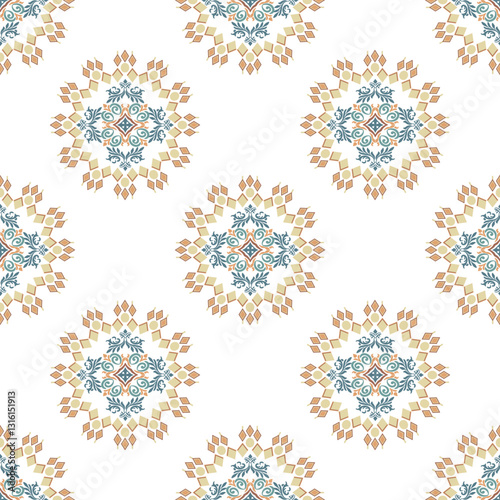 Blue and gold circle damask seamless oriental pattern in the style of baroque. Victorian style. Tribal style. Traditional classic vector ornament. Turkish or Spanish tiles. Idea for wallpaper, pottery