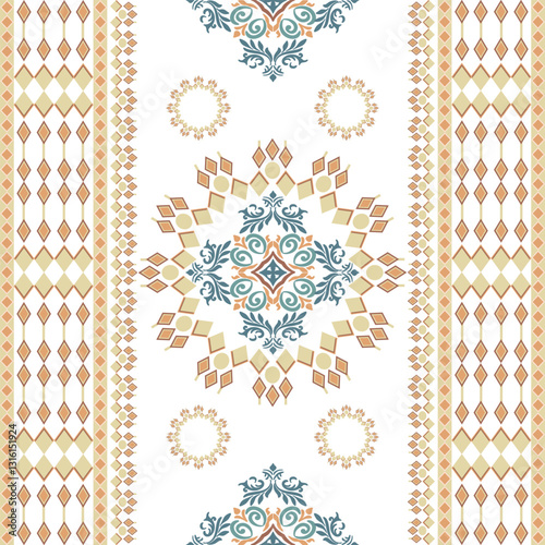 Blue and gold circle damask boho seamless oriental pattern in the style of baroque. Victorian style. Tribal style. Traditional classic vector ornament. Turkish or Spanish tiles. Idea for wallpaper, po