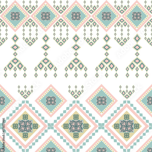 Green and pink Tribal ethnic vector seamless pattern. Aztec style ornamental background. Geometric native American pattern. Idea for wallpaper, textiles, rugs, carpets, and curtains.