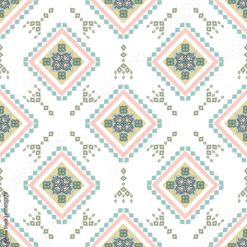 Green and pink Tribal ethnic vector seamless pattern. Aztec style ornamental background. Geometric native American pattern. Idea for wallpaper, textiles, rugs, carpets, and curtains.