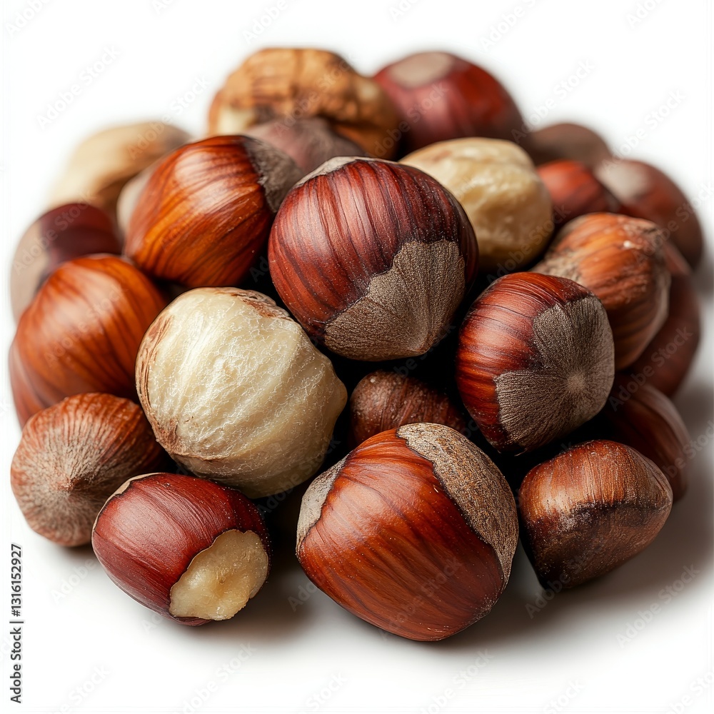 A cracked hazelnut shows its brown kernel, with whole nuts and a peeled seed nearby, all on a white background A cracked hazelnut shows its brown kernel, with whole nuts and a peeled seed nearby, all on a white background