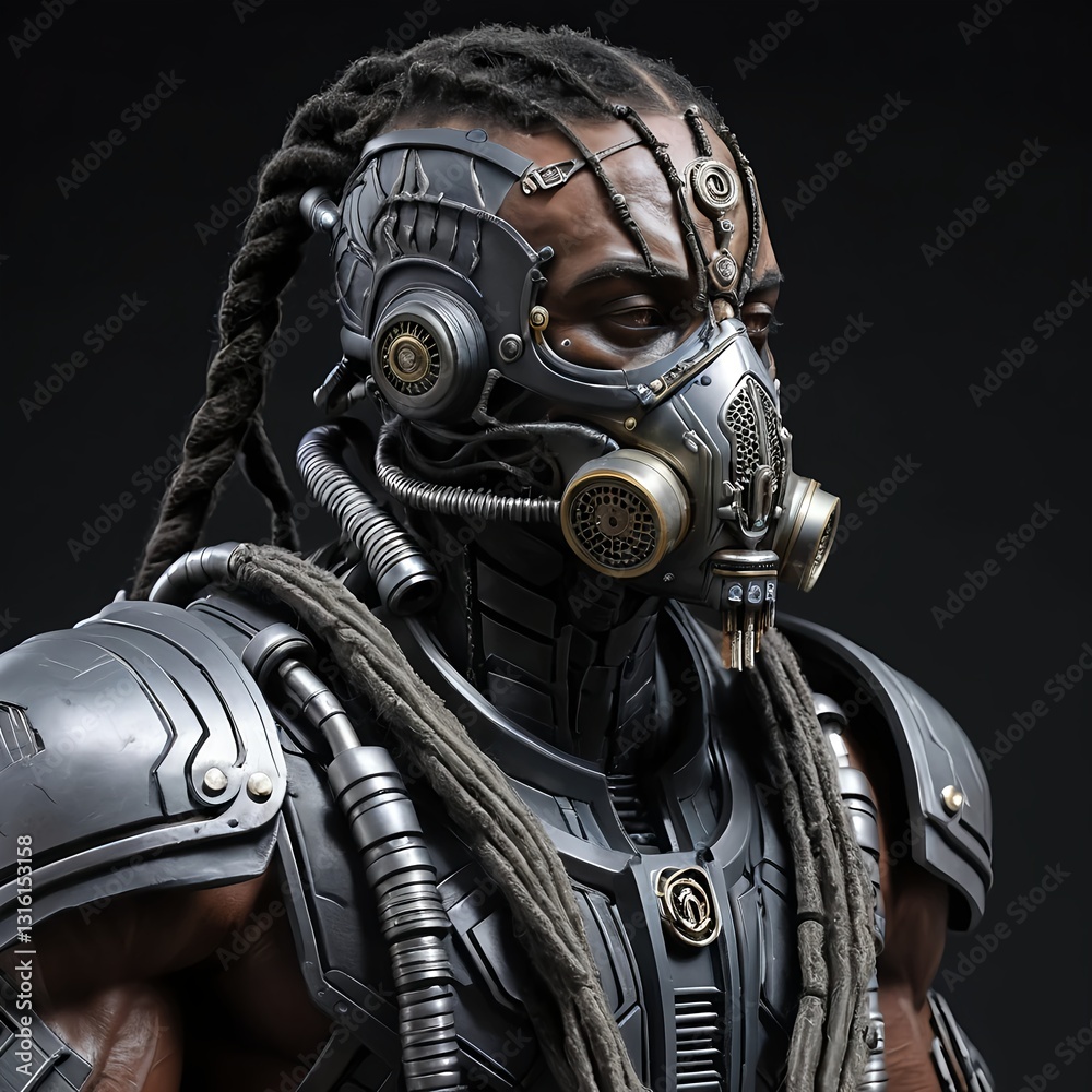 Fototapeta premium Futuristic Cyborg Warrior with Dreadlocks and Gas Mask