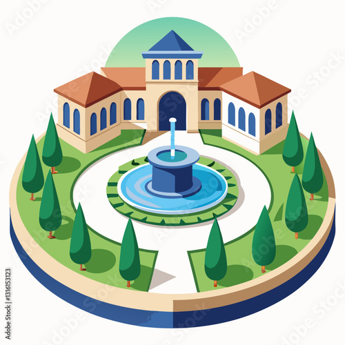 circular campus courtyard with a central fountain 