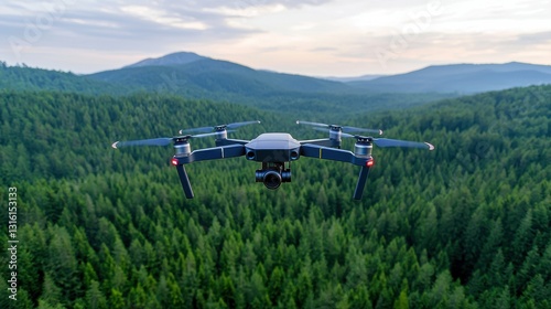 A drone flying over a lush green forest landscape. photo