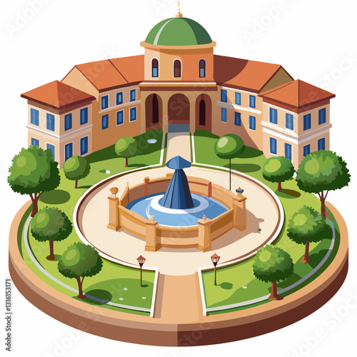 circular campus courtyard with a central fountain 