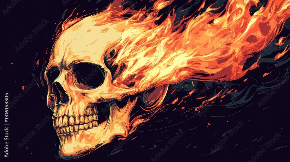 Flaming skull, intense fire engulfing a human skull, dark background. Flaming skull, intense fire engulfing a human skull, dark background.