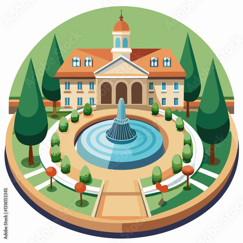 circular campus courtyard with a central fountain 