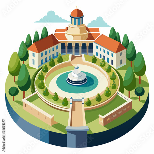 circular campus courtyard with a central fountain 