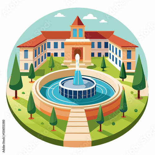 circular campus courtyard with a central fountain 