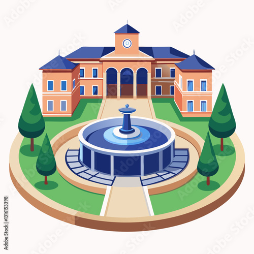 circular campus courtyard with a central fountain 