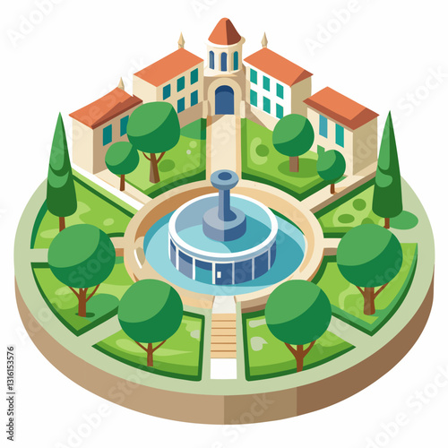 circular campus courtyard with a central fountain 