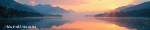 Serene lake at sunrise with misty mountains in the background, water, mountains, peaceful