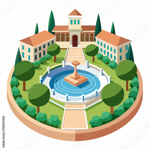 circular campus courtyard with a central fountain 