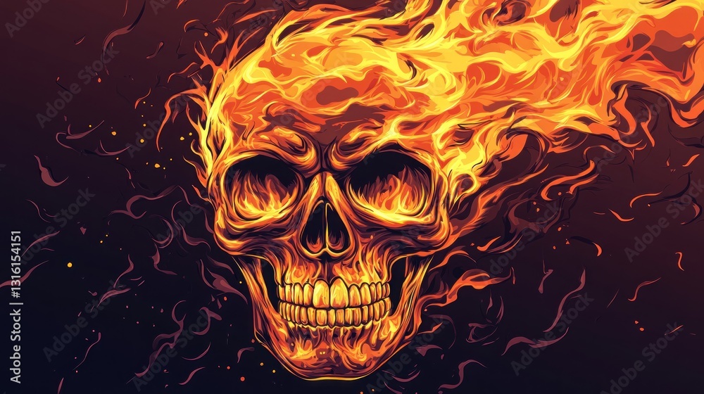 Flaming skull illustration, burning head, fiery death, inferno, hot, intense. Flaming skull illustration, burning head, fiery death, inferno, hot, intense.