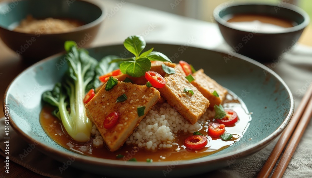 Culinary masterpiece featuring flavorful tofu dish with vibrant garnishes and fresh vegetables on a rustic wooden table Culinary masterpiece featuring flavorful tofu dish with vibrant garnishes and fresh vegetables on a rustic wooden table