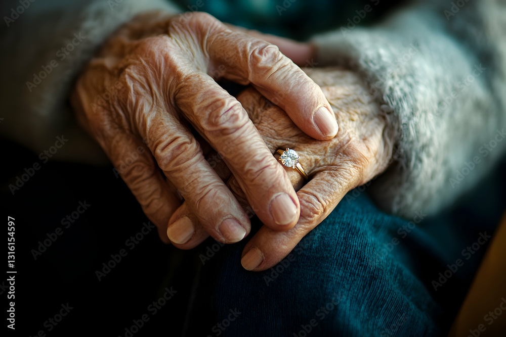Fototapeta premium Close-up of elderly hands clasped together, showing wrinkles and a diamond ring