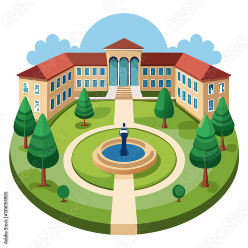 circular campus courtyard with a central fountain 