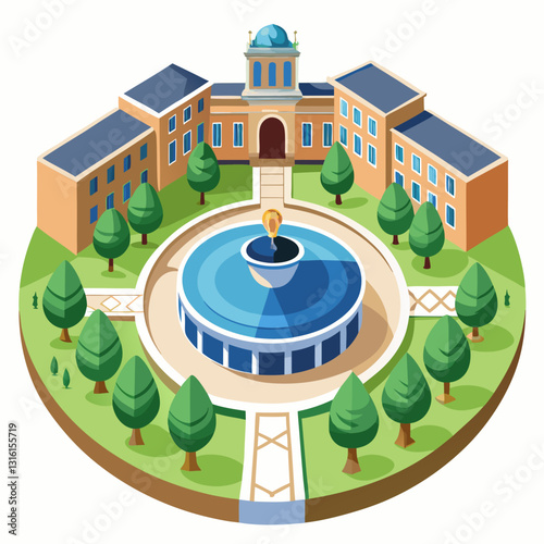 circular campus courtyard with a central fountain 