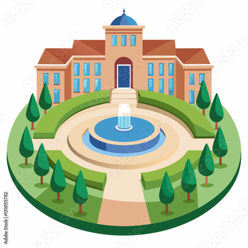 circular campus courtyard with a central fountain 