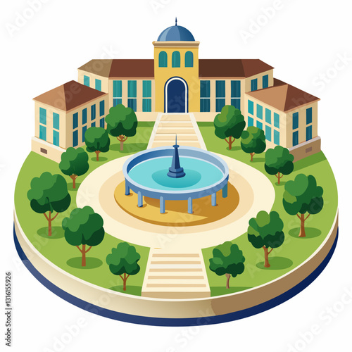 circular campus courtyard with a central fountain 