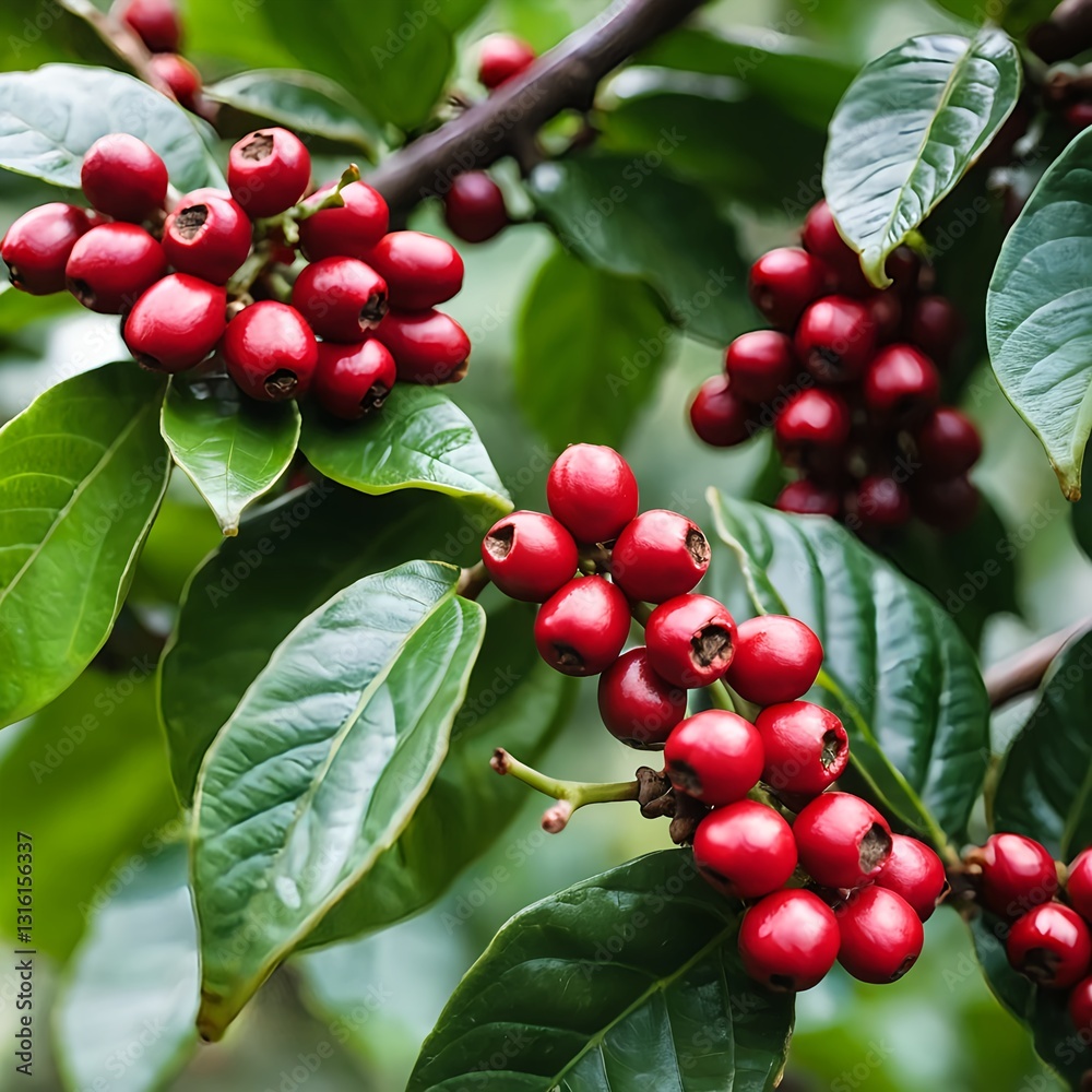 Ripe Red Coffee Cherries on Branch Ripe Red Coffee Cherries on Branch