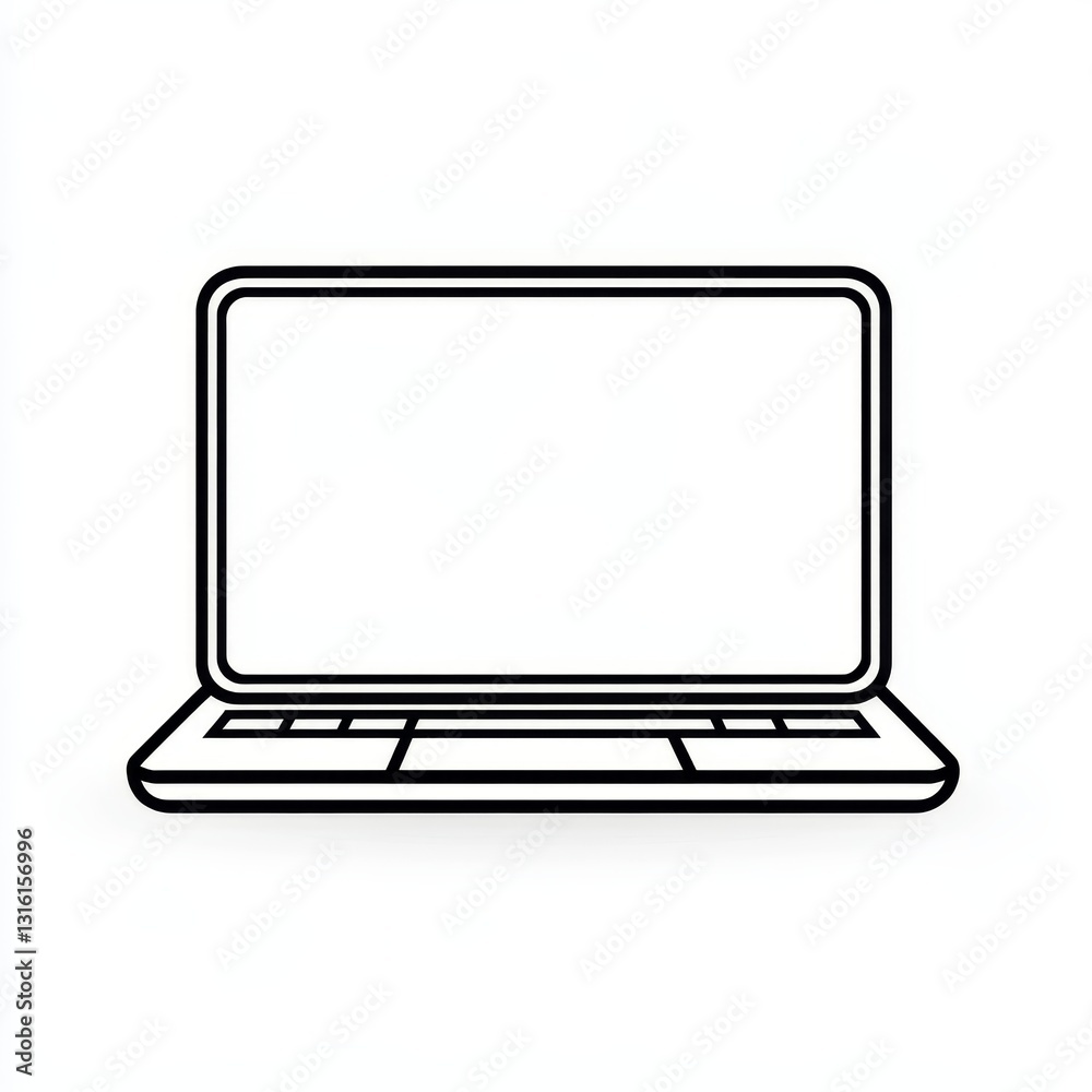 A minimalist line art icon depicting a contemporary laptop with a blank screen, keyboard, and trackpad set against a white background A minimalist line art icon depicting a contemporary laptop with a blank screen, keyboard, and trackpad set against a white background