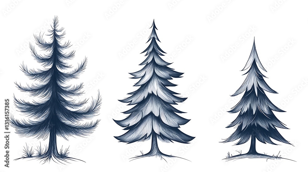 Fototapeta premium Three Ink-Drawn Evergreen Trees: A Winter Illustration Set AI Generated