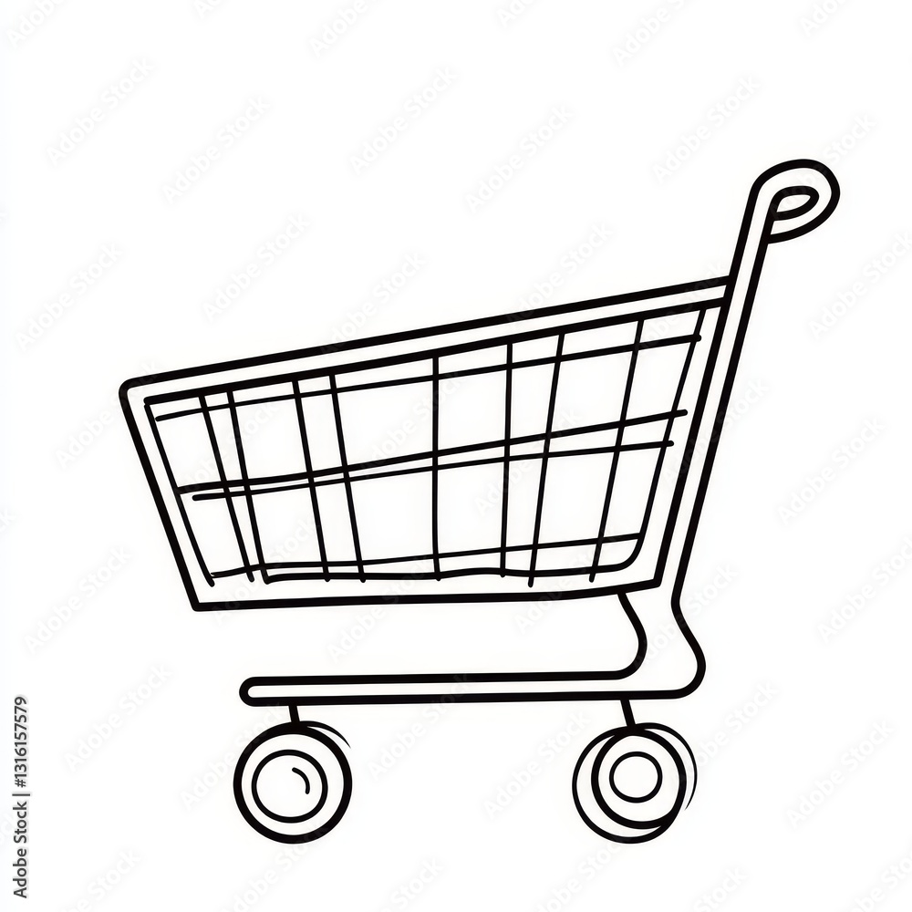 Line art icon of an empty shopping cart symbolizing retail, purchasing, and commerce