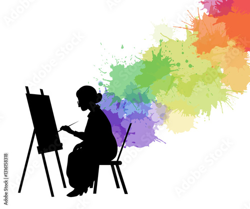 Vector black silhouette of old woman painting on easel with flow of rainbow watercolor splash. Grandmother artist. Creativity and inspiration. Illustration for articles and postcards