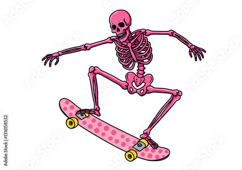 Isolated Cartoon Pink Skeleton Riding a Skateboard