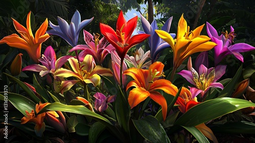 Vibrant Colorful Lilies in Lush Tropical Garden