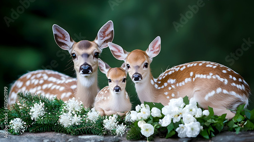 Three deer fawns posing near greenery and white flowers