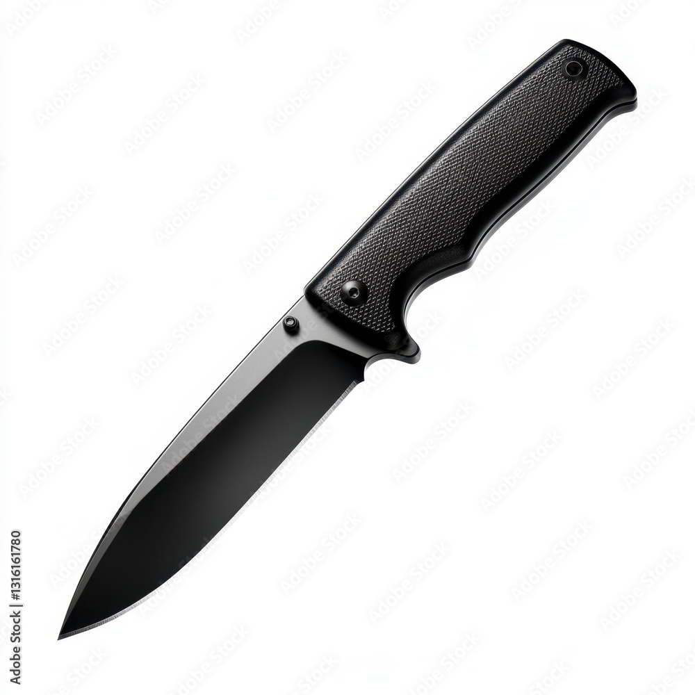Black folding knife with textured handle against a white background. The blade is sharp and the overall design is sleek and utilitarian. Black folding knife with textured handle against a white background. The blade is sharp and the overall design is sleek and utilitarian.