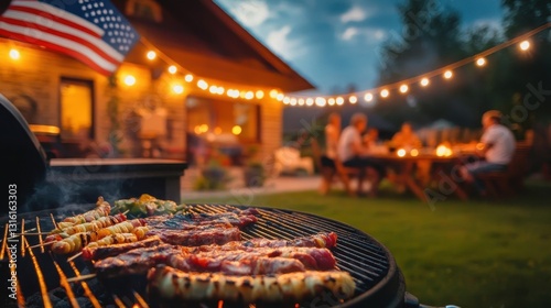 Backyard barbecue and grill party with American flags. Independence Day, July 4th