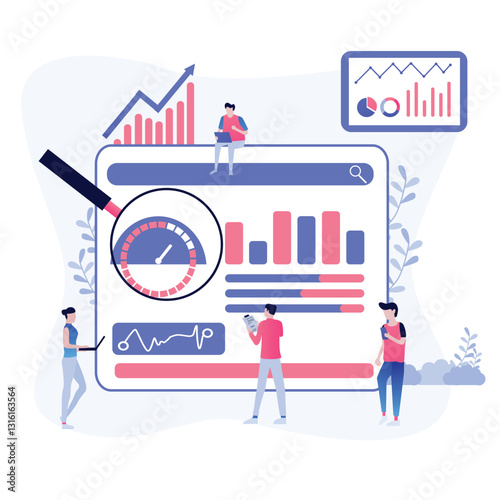 Team analyzing dashboard metrics, growth chart background