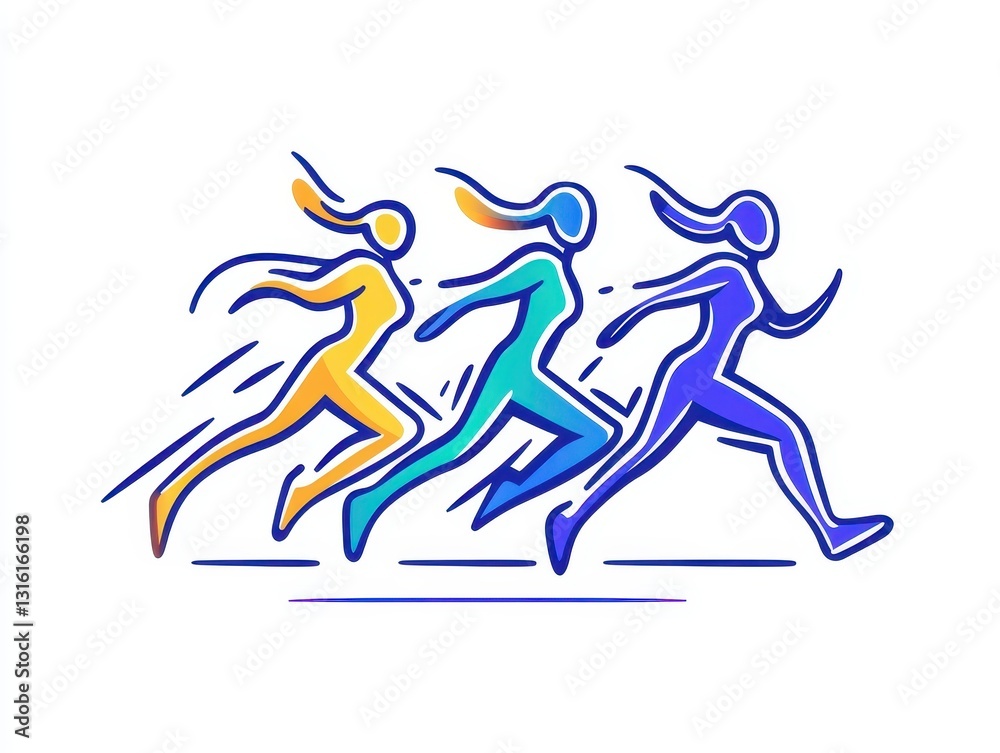 Three stylized runners in motion, showcasing speed and energy against a simple background Three stylized runners in motion, showcasing speed and energy against a simple background